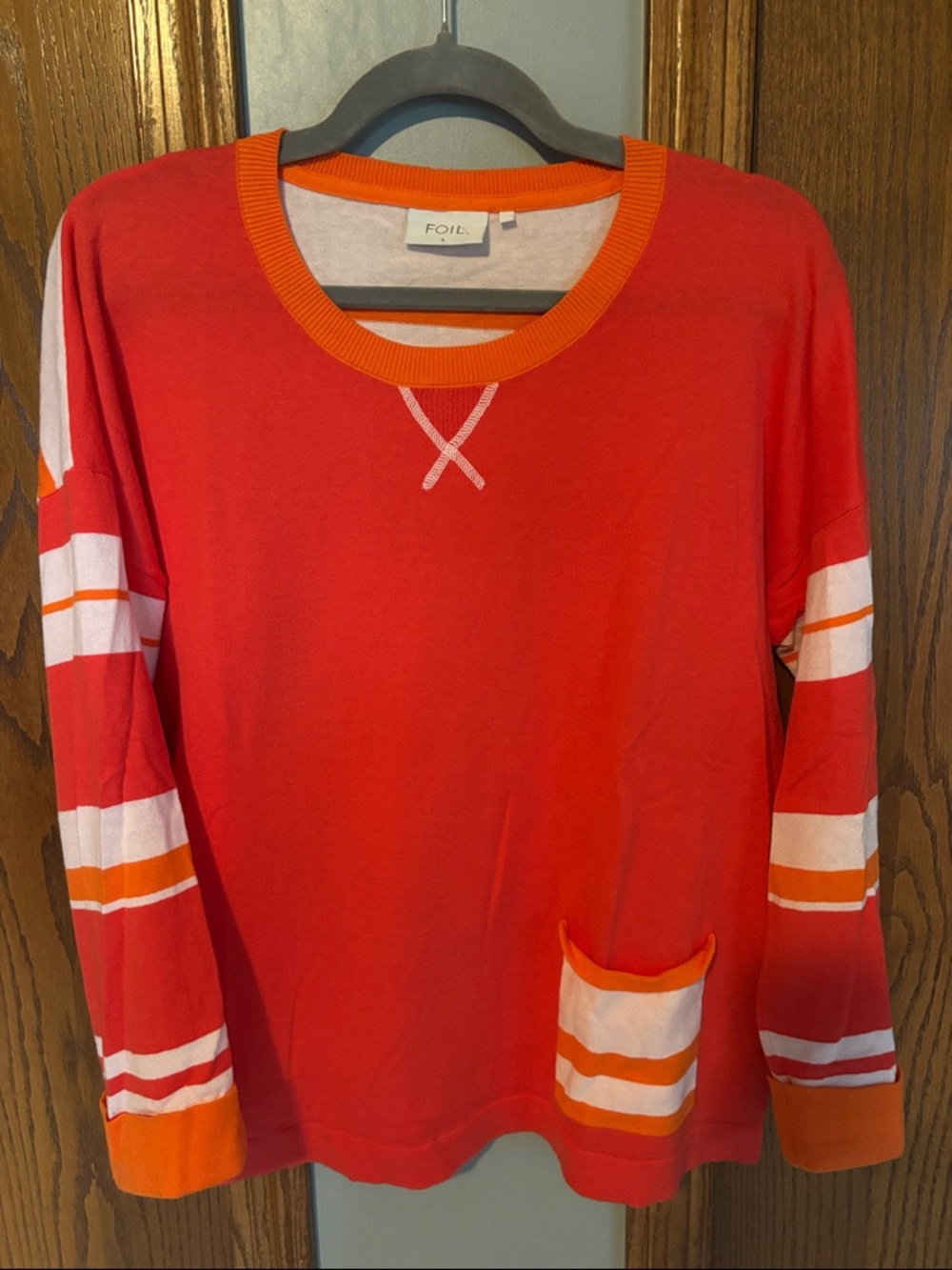 FOIL Red & Orange Long Sleeve Stripe Pocket Tee